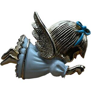 Sarah Coventry Gold Tone Angel Brooch With Blue Dress & Bow Accent
